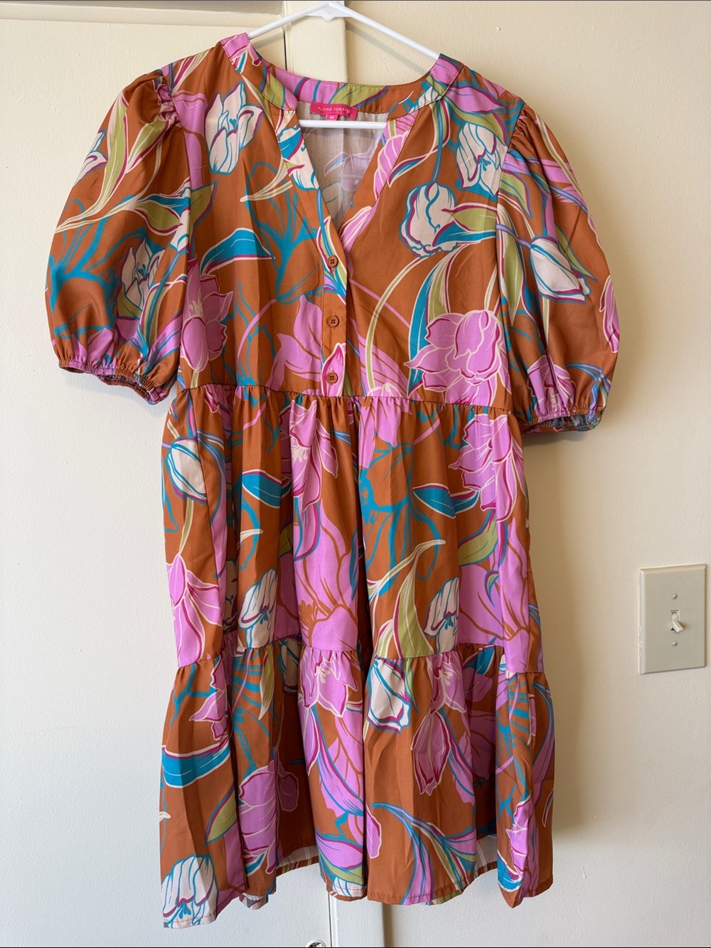 Flying Tomato Brown Floral Tiered Dress with Pink & Teal Accents
